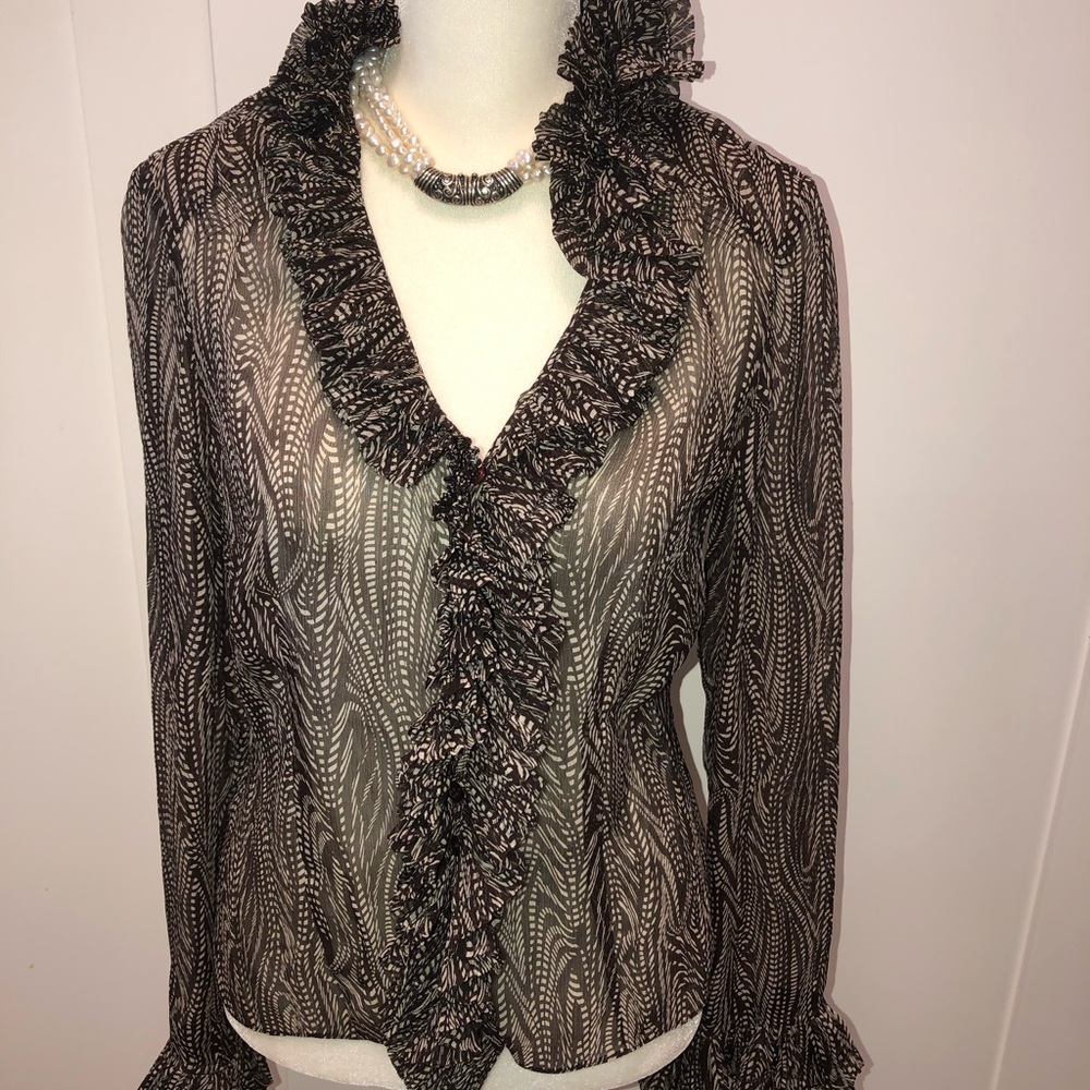 INC International Concepts Sheer Black and Cream Ruffle V-Neck Blouse